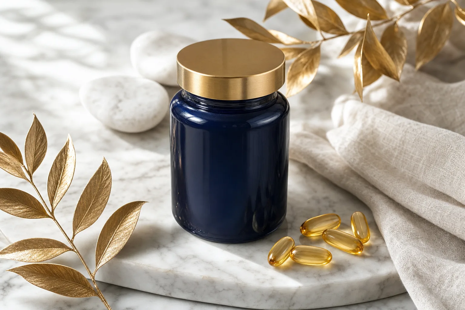 A physician-grade personalized supplement formula in a navy and gold bottle, styled with gold botanicals on marble