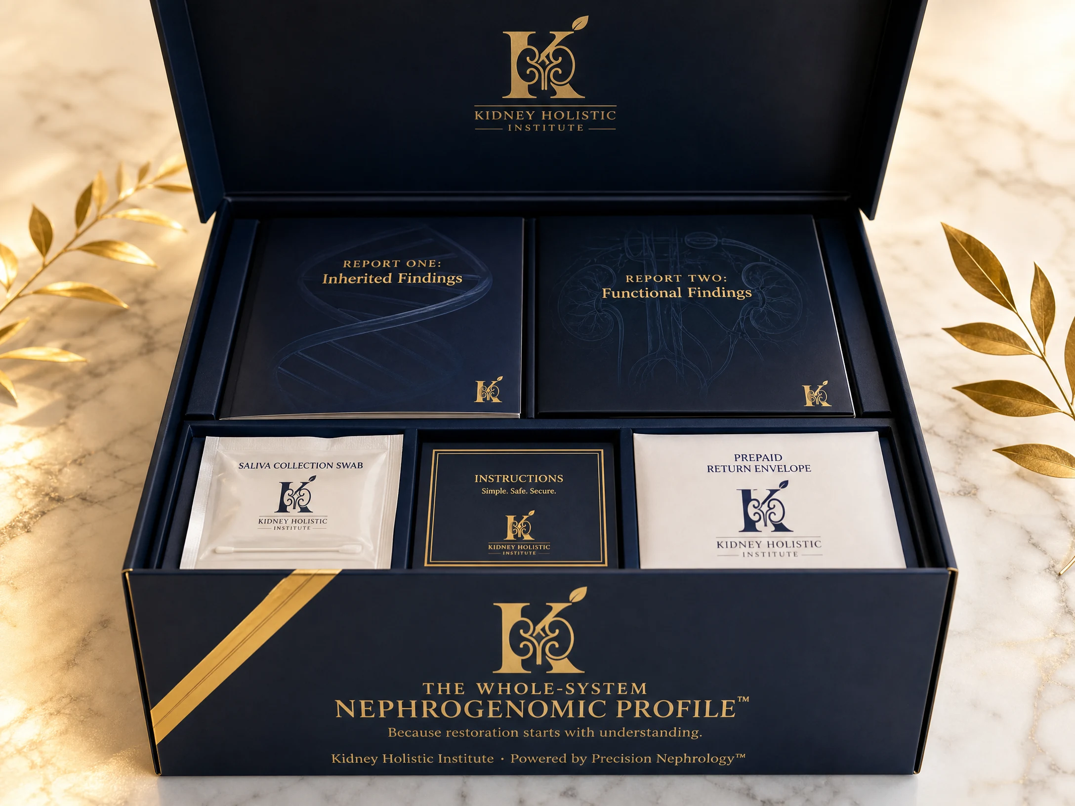 The Whole-System Nephrogenomic Profile kit with two report booklets and at-home collection swab in a navy and gold presentation box