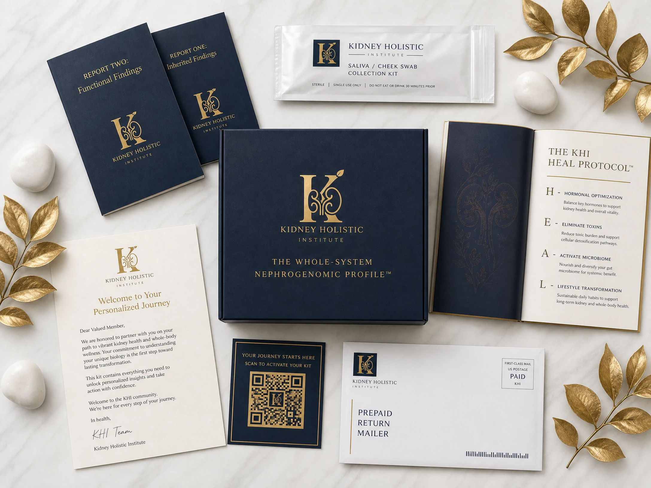 The Nephrogenomic Profile kit laid out: two report booklets, saliva collection swab, welcome letter, activation card, prepaid return mailer and the KHI HEAL Protocol guide
