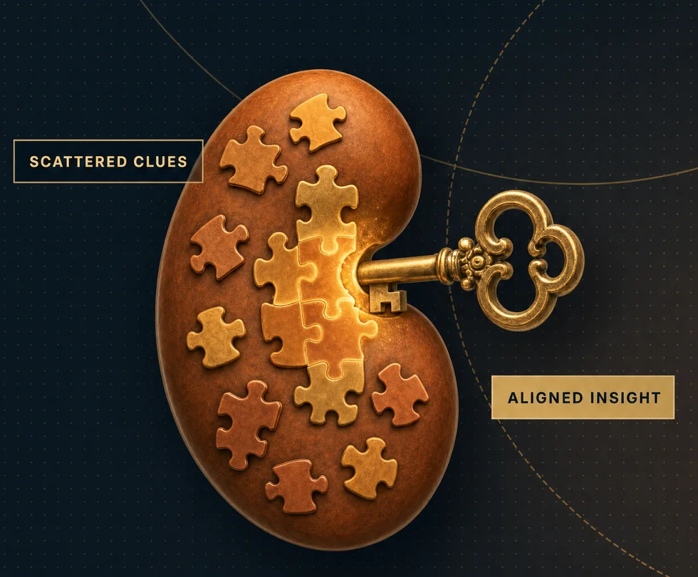 Kidney Key: a kidney assembled from puzzle pieces, unlocked by a golden key