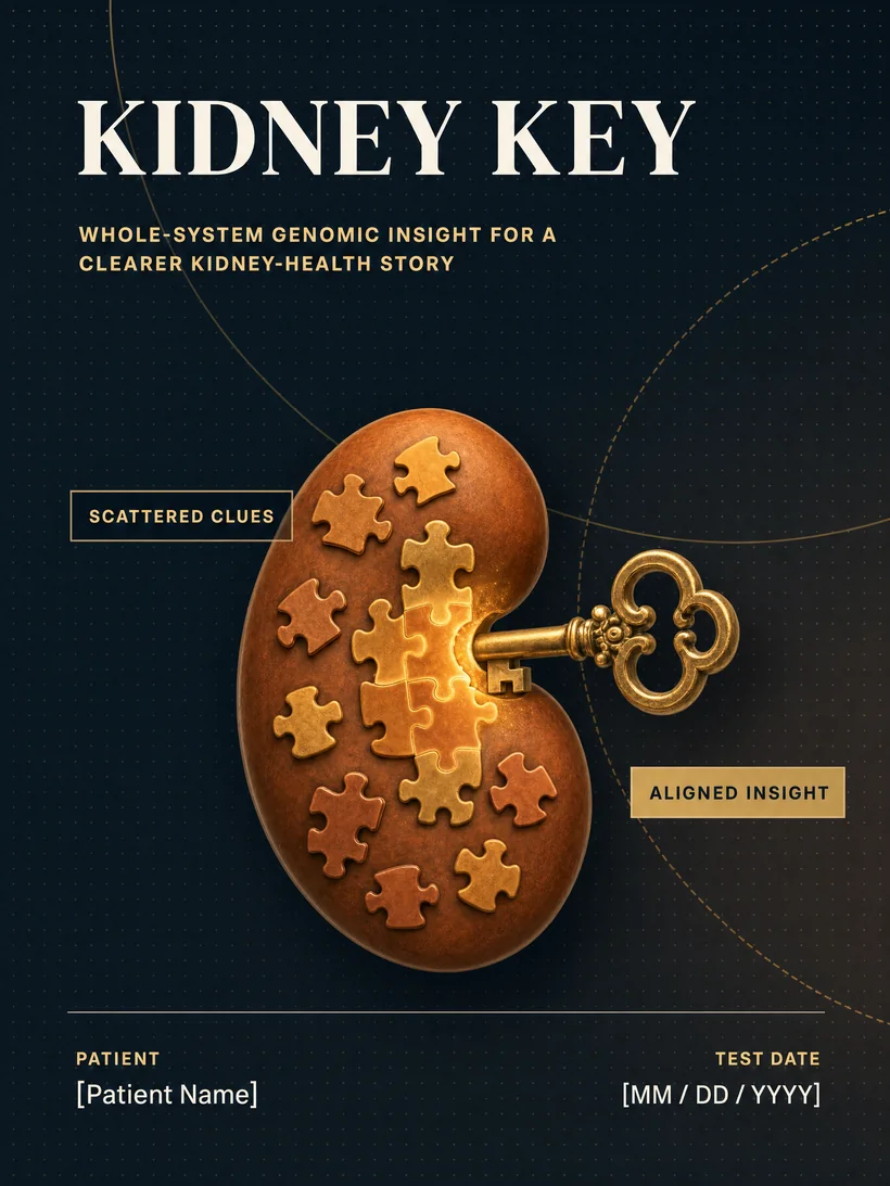 The Kidney Key report cover: a kidney assembled from puzzle pieces with a golden key on a navy background