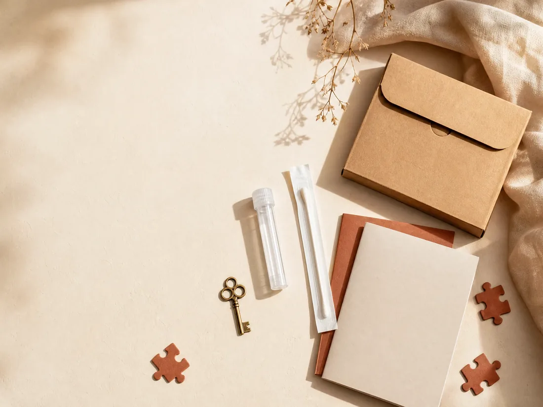 The Kidney Key at-home collection kit: envelope, swab tube and a small golden key on a warm linen background