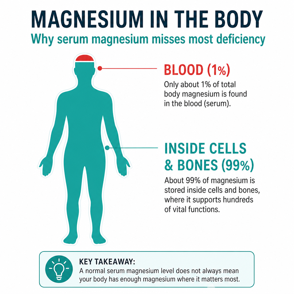 Where magnesium lives in the body: 1% in blood, 99% in cells and bones