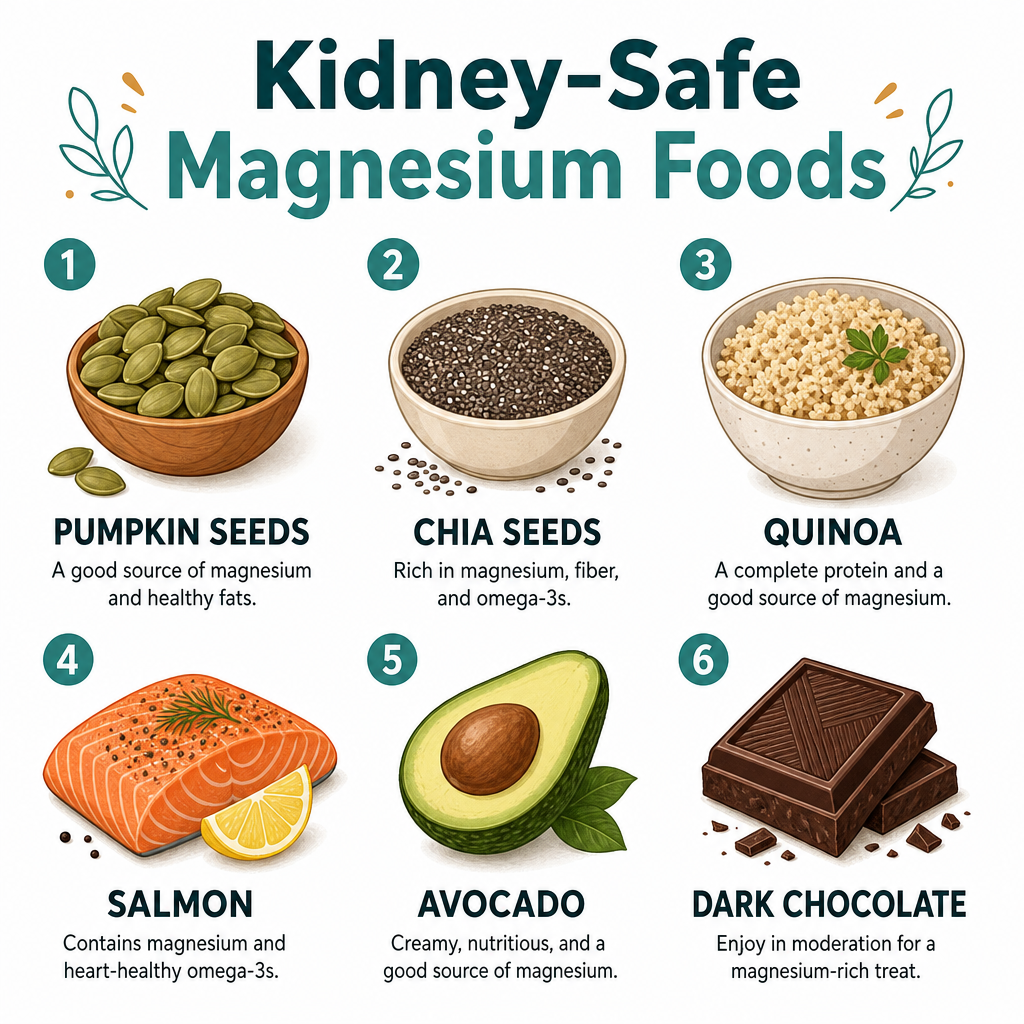 Kidney-safe magnesium-rich foods: pumpkin seeds, chia seeds, quinoa, salmon, avocado, dark chocolate