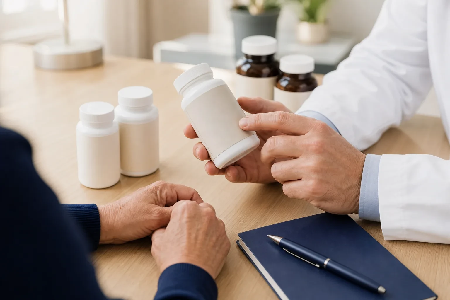 A physician and a patient going through supplement bottles together at a clinic desk